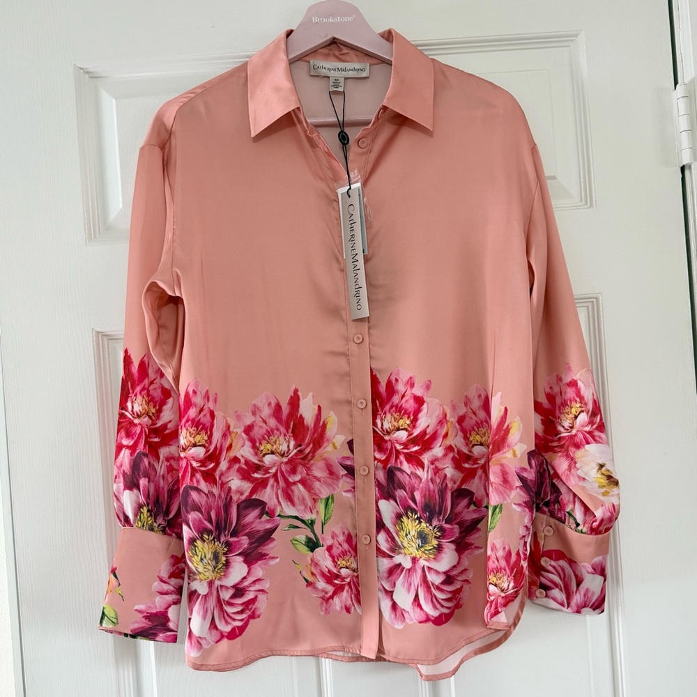 NWT Catherine Malandrino Peach Coral Floral Satiny Blouse Size Small